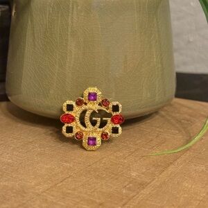 Gold Tone GG Brooch  with Multicolor Stones
